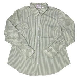 Liz & Co. Green & White Striped Stretch Button Up Long Sleeve Collared Blouse L